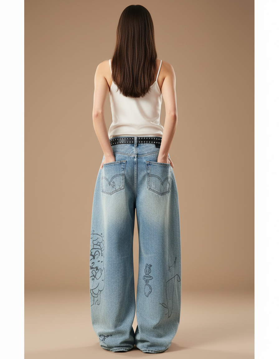 Pantalon Baggy Denim Large Décontracté Brodé Esthétique - Bleu Jean - vue 2