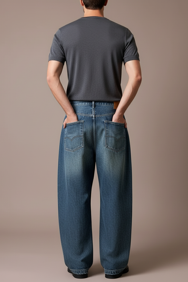 Pantalon Baggy Jean Bleu Délavé Ample Streetwear Homme - vue 2