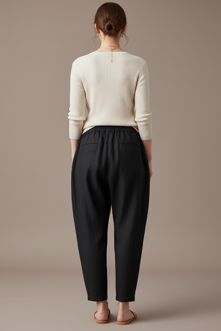 Pantalon Baggy Femme Noir Taille Élastique Toile - Lin - vue 2