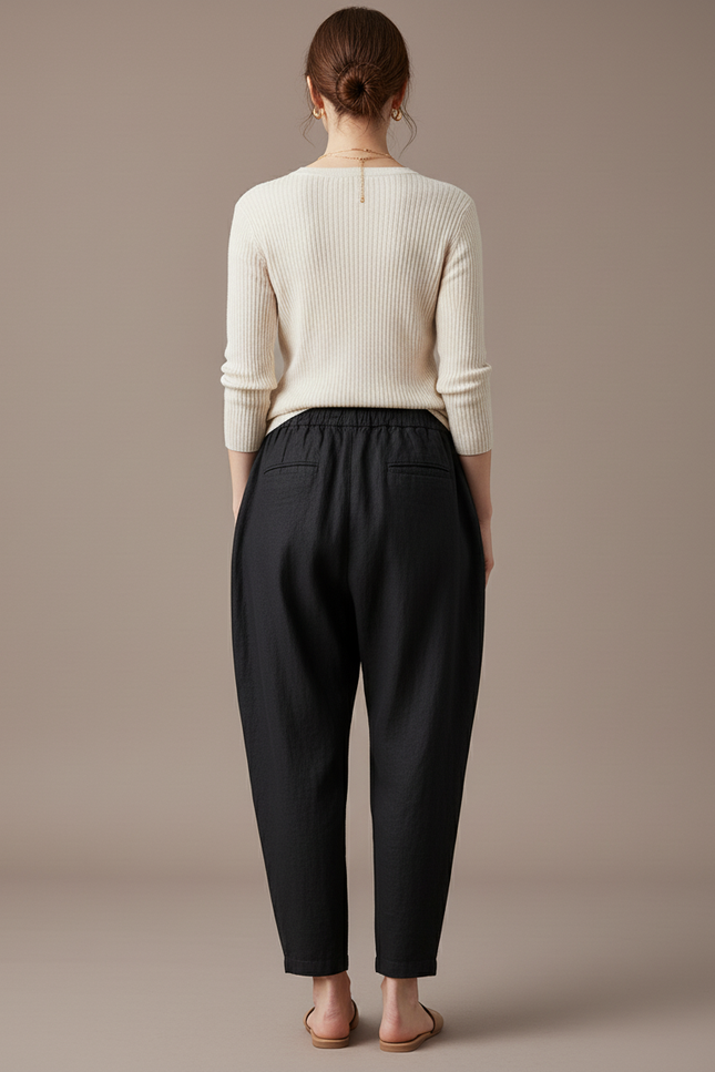 Pantalon Baggy Femme Noir Taille Élastique Toile - Lin - vue 2