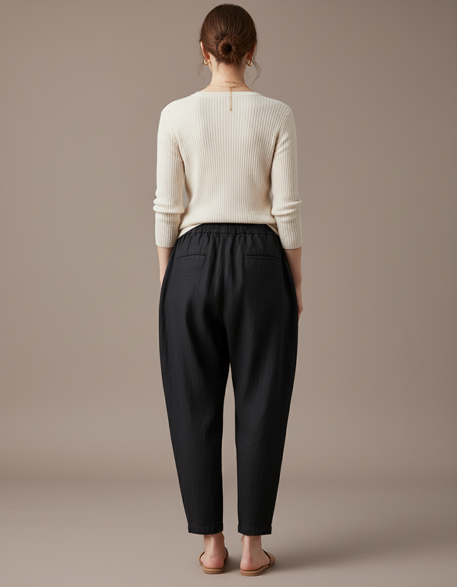 Pantalon Baggy Femme Noir Taille Élastique Toile - Lin - vue 2