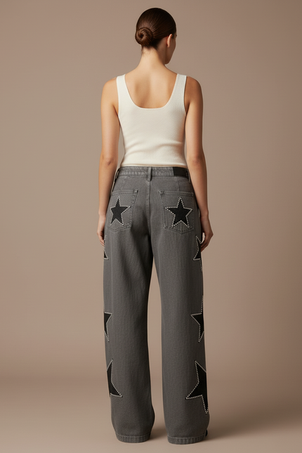 Pantalon Baggy Gris Étoiles Cloutées Ample Denim Femme - Jean - vue 2