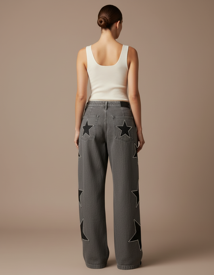 Pantalon Baggy Gris Étoiles Cloutées Ample Denim Femme - Jean - vue 2
