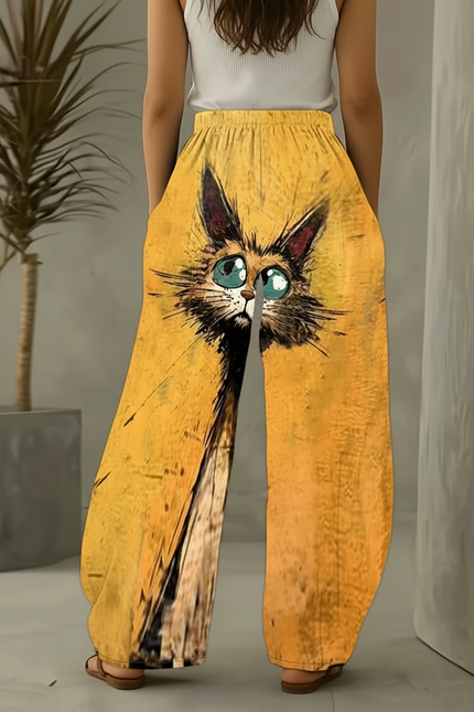 Pantalon Baggy Jaune Imprimé Chat Ample Décontracté - Viscose - vue 2