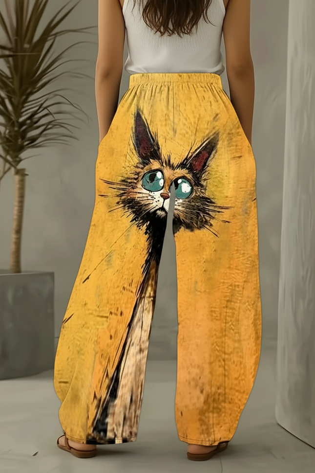 Pantalon Baggy Jaune Imprimé Chat Ample Décontracté - Viscose - vue 2