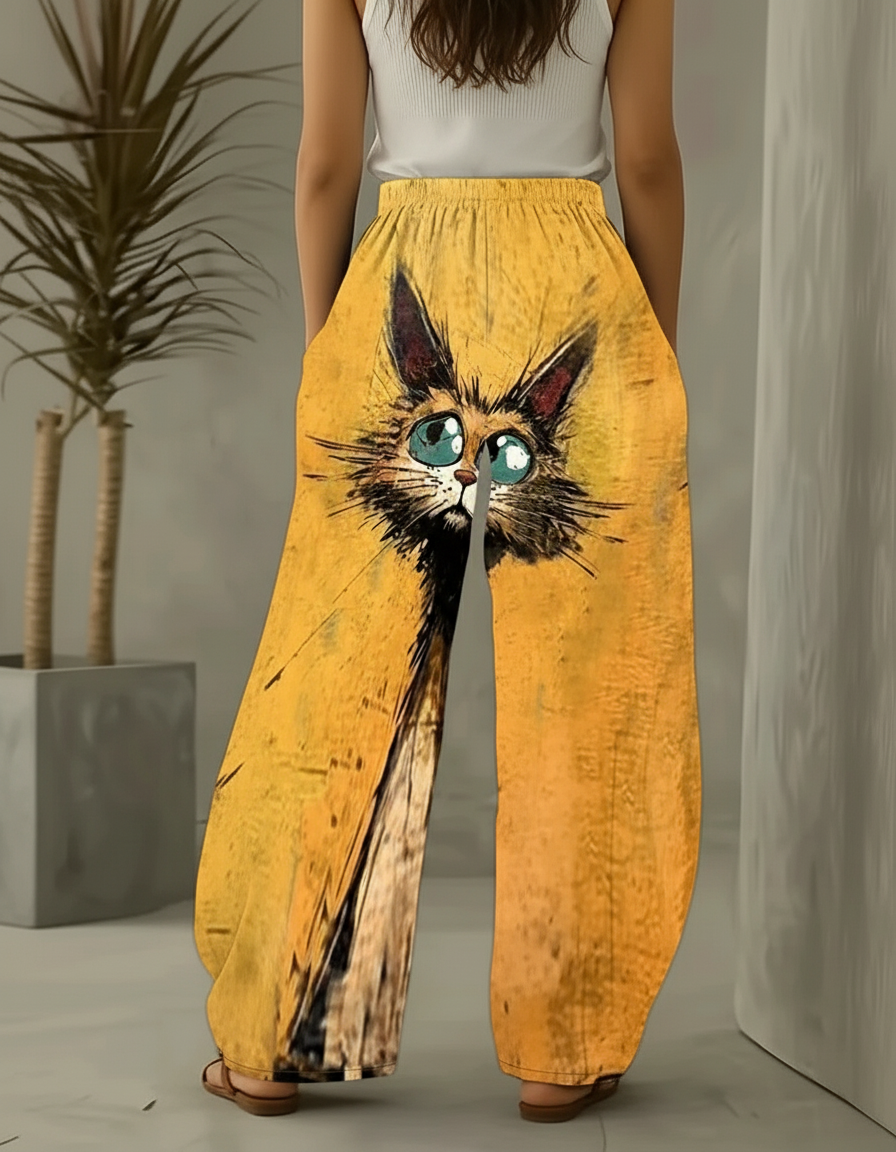 Pantalon Baggy Jaune Imprimé Chat Ample Décontracté - Viscose - vue 2