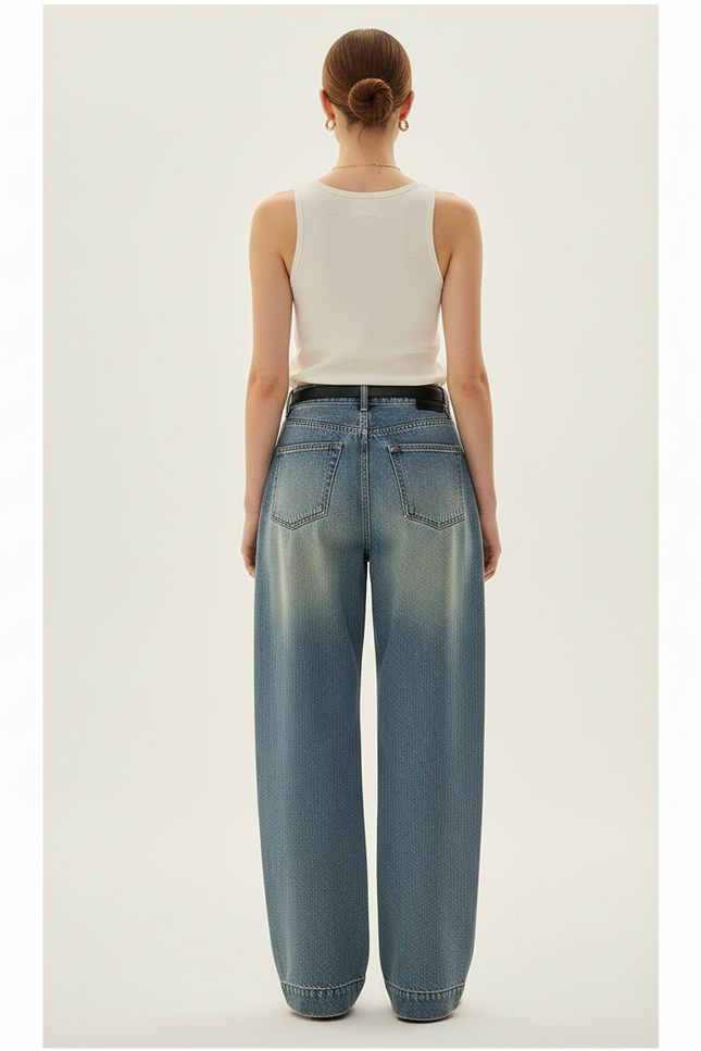 Pantalon Baggy Jean Bleu Ample Vintage Plissé - vue 2