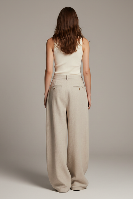 Pantalon Baggy Beige Ample Plissé Femme Élégant - Lin - vue 2
