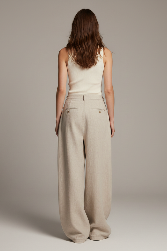Pantalon Baggy Beige Ample Plissé Femme Élégant - Lin - vue 2