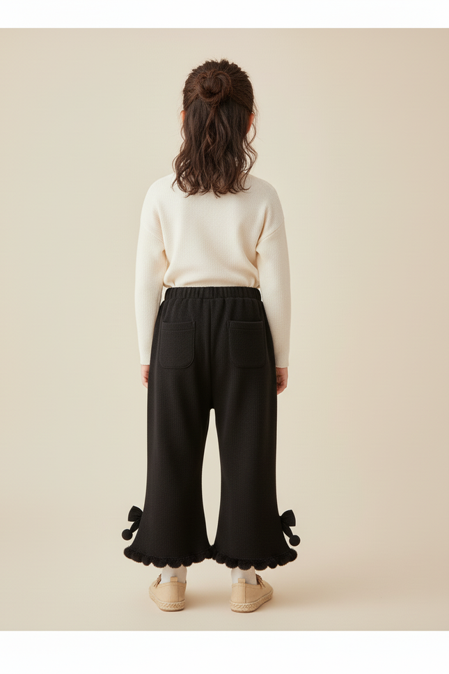 Pantalon Baggy Noir Évasé Pompons Fille Hiver - Maille - vue 2