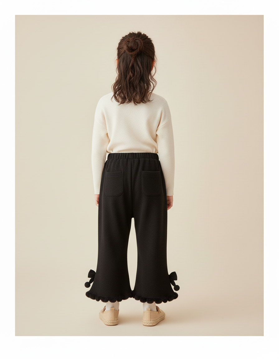 Pantalon Baggy Noir Évasé Pompons Fille Hiver - Maille - vue 2