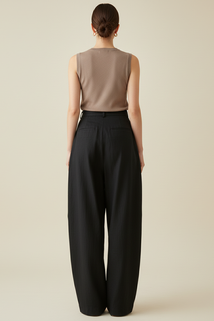 Pantalon Baggy Noir Ample Plissé Décontracté Élégant - Lin - vue 2