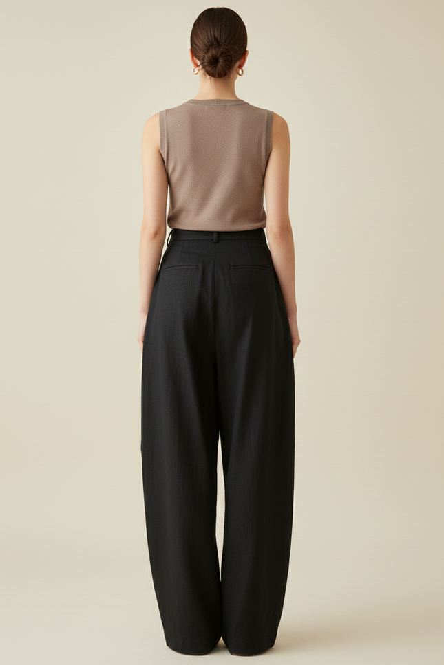 Pantalon Baggy Noir Ample Plissé Décontracté Élégant - Lin - vue 2