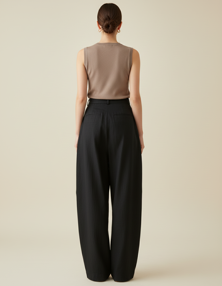 Pantalon Baggy Noir Ample Plissé Décontracté Élégant - Lin - vue 2