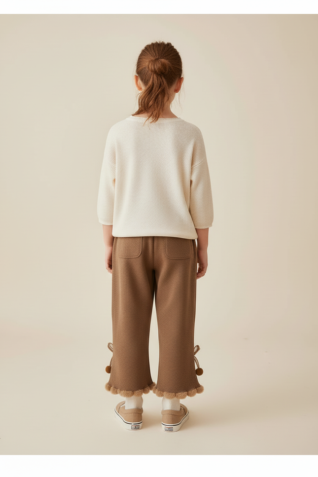 Pantalon Baggy Marron Ample Pompons Doux Fille - Maille - vue 2