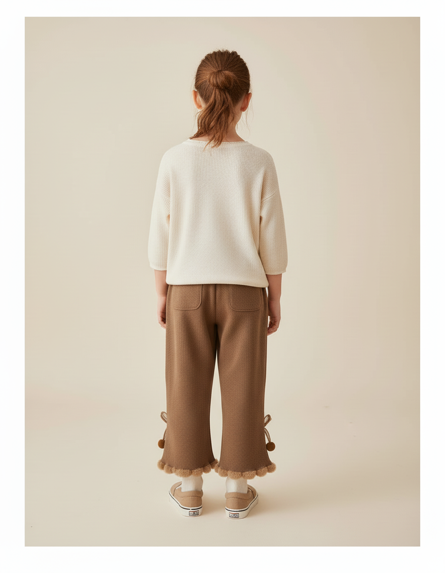 Pantalon Baggy Marron Ample Pompons Doux Fille - Maille - vue 2