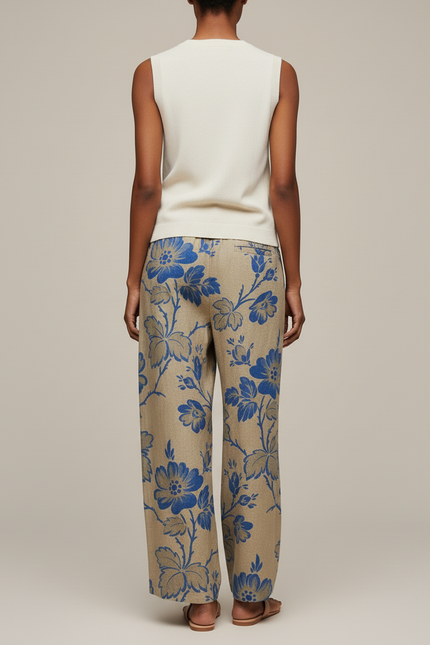 Pantalon Baggy Beige Fleuri Ample Lin Décontracté - vue 2