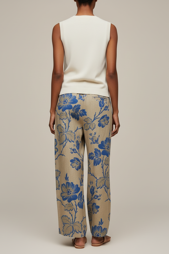 Pantalon Baggy Beige Fleuri Ample Lin Décontracté - vue 2