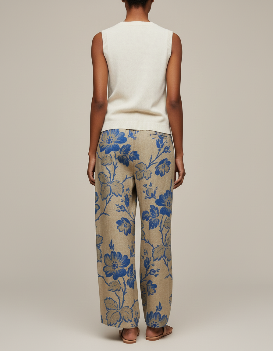 Pantalon Baggy Beige Fleuri Ample Lin Décontracté - vue 2