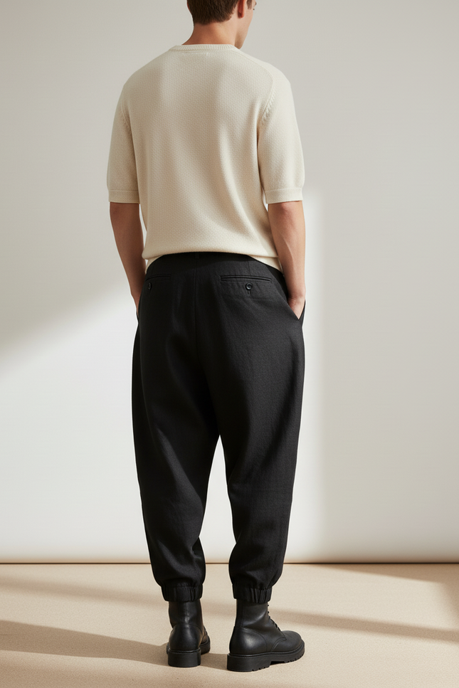 Pantalon Baggy Noir Lin Ample Plissé Homme Décontracté - vue 2