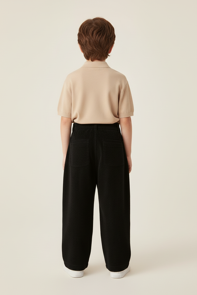 Pantalon Baggy Garçon Noir Taille Haute - Cordé - vue 2