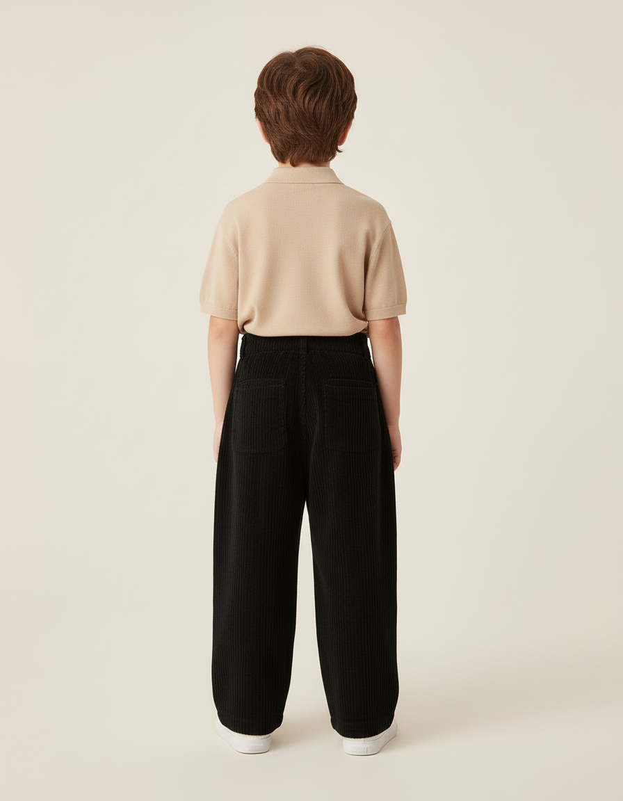 Pantalon Baggy Garçon Noir Taille Haute - Cordé - vue 2