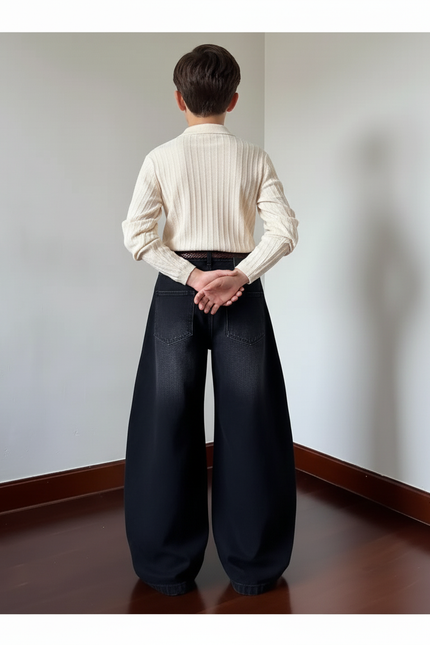 Pantalon Baggy Noir Délavé Œillets Métalliques Large - Jean - vue 2