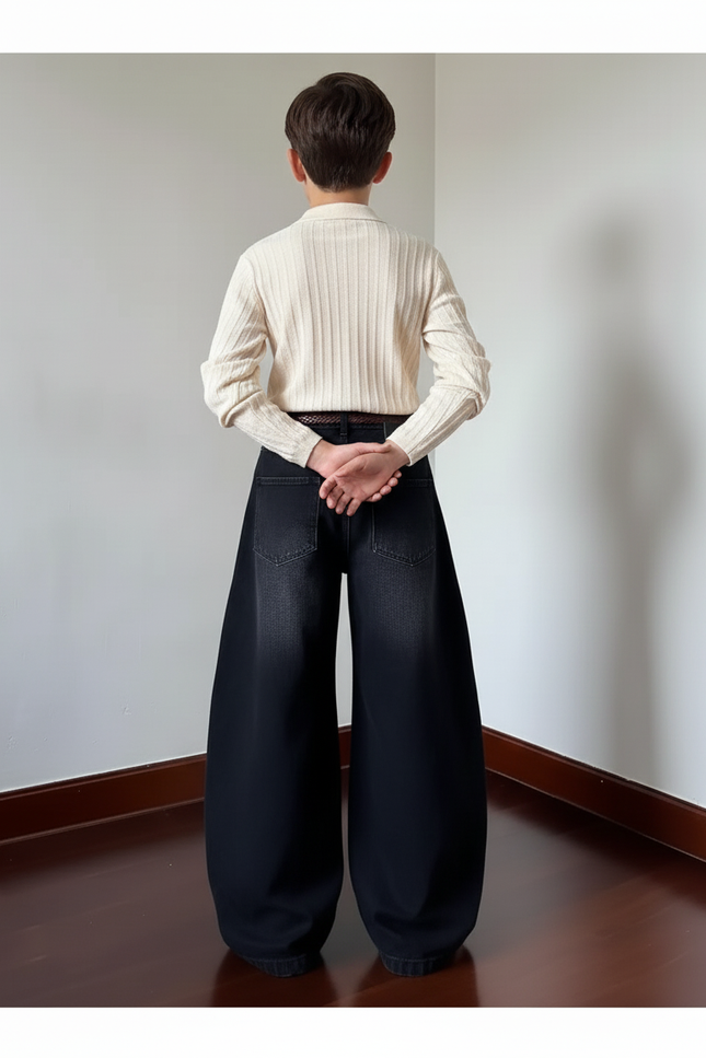 Pantalon Baggy Noir Délavé Œillets Métalliques Large - Jean - vue 2