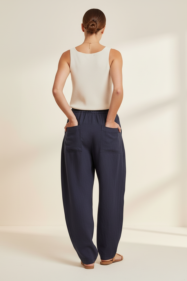 Pantalon Baggy Bleu Marine Ample Lin Décontracté Femme - vue 2