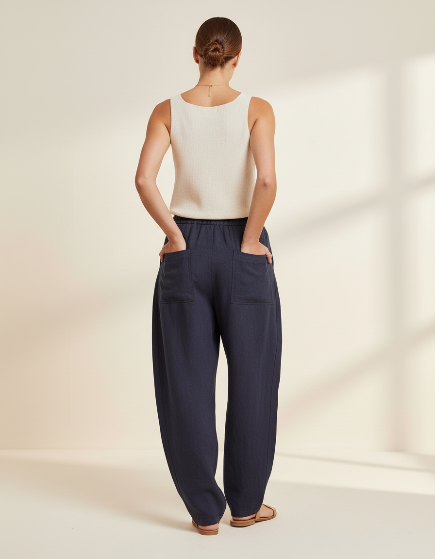 Pantalon Baggy Bleu Marine Ample Lin Décontracté Femme - vue 2
