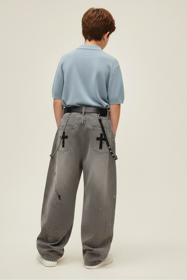 Pantalon Baggy Gris Délavé Imprimé Croix Chaînes - Jean - vue 2