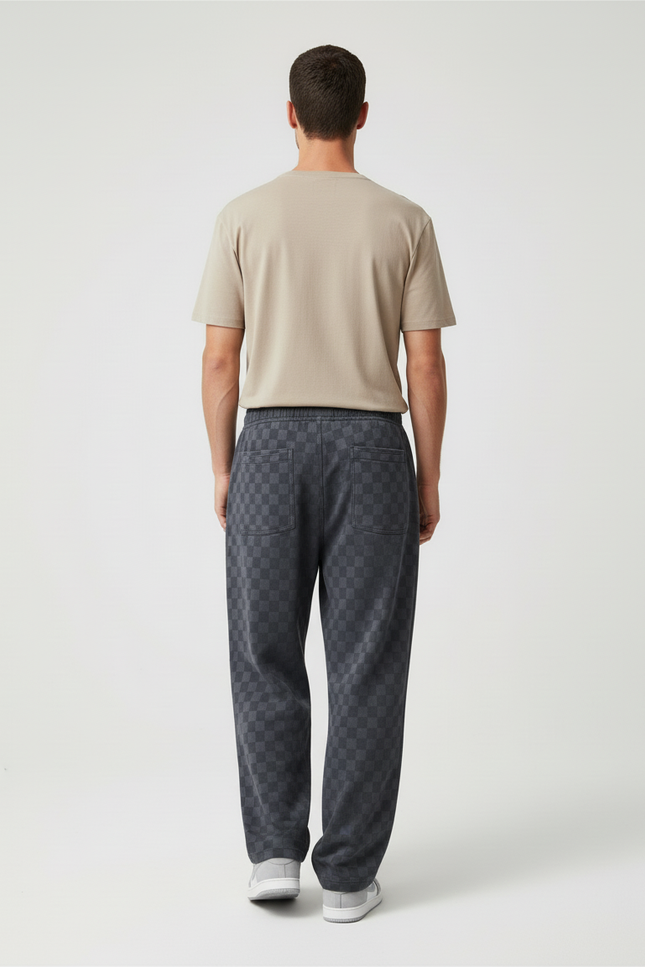 Pantalon Baggy Carreaux Velours Gris Ample Décontracté - vue 2