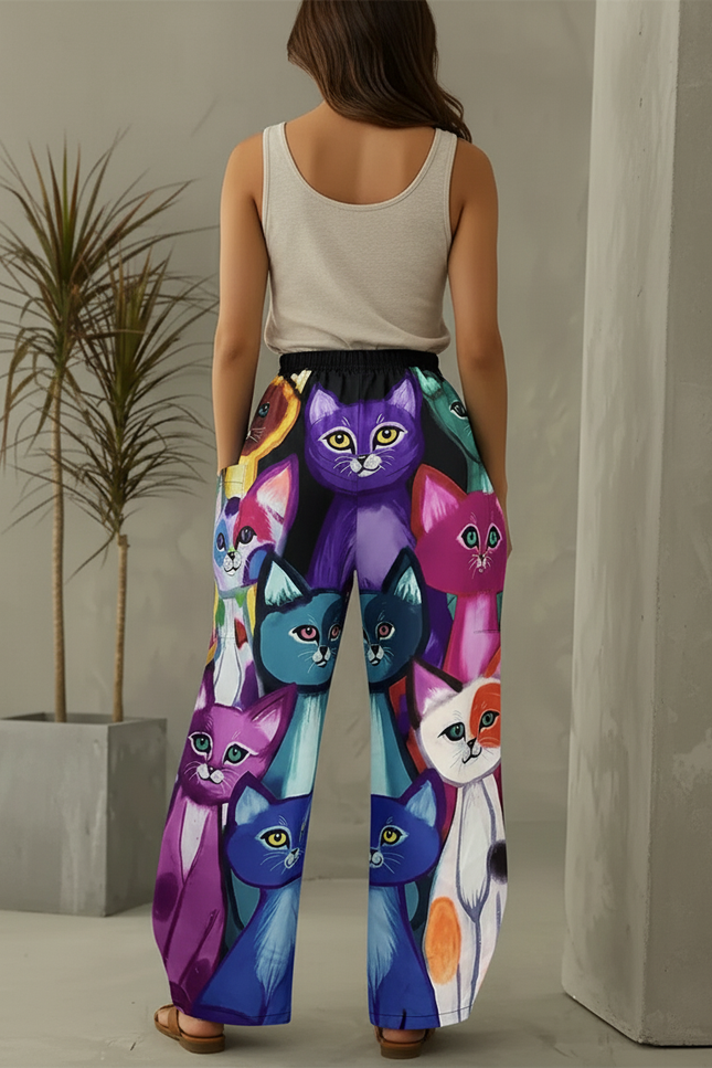 Pantalon Baggy Imprimé Chats Colorés Ample Fluide - Polyester - vue 2
