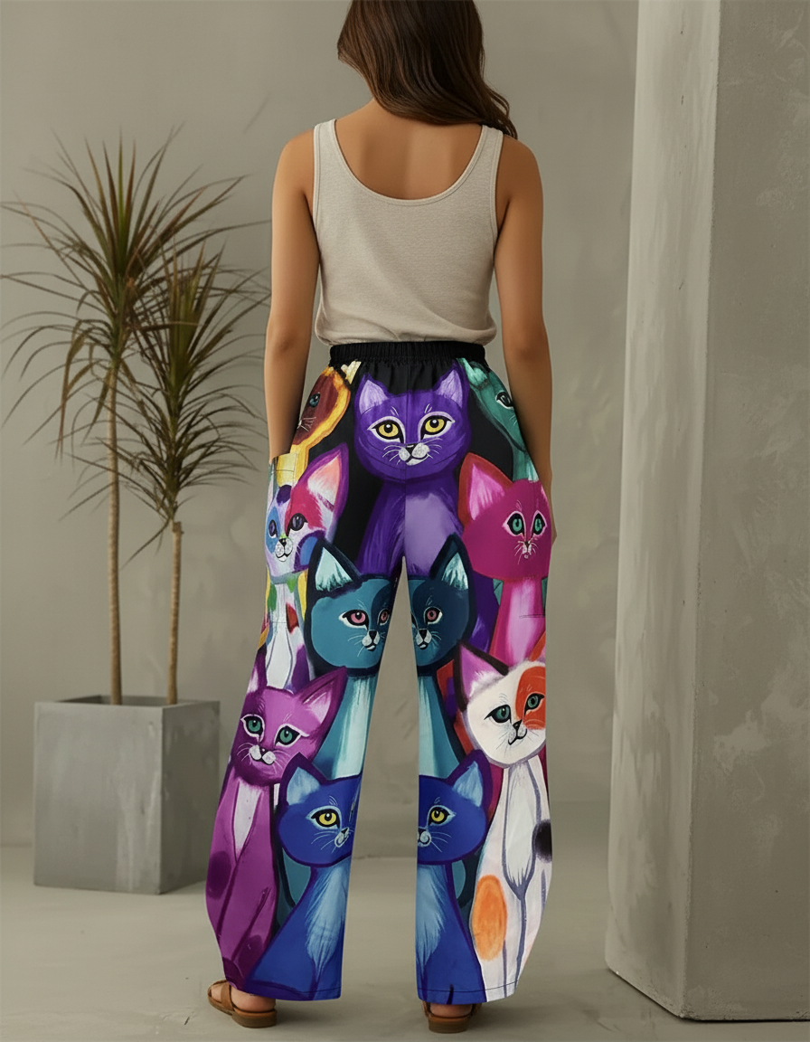 Pantalon Baggy Imprimé Chats Colorés Ample Fluide - Polyester - vue 2