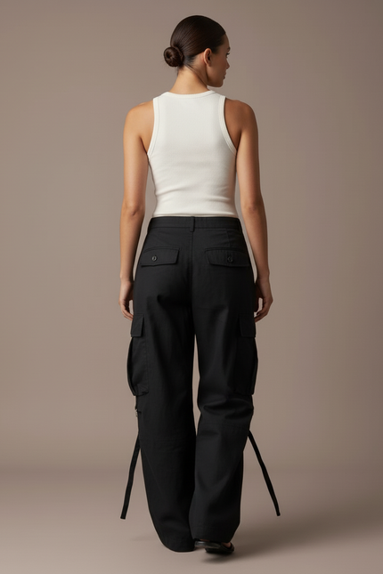 Pantalon Baggy Noir Cargo Ample Streetwear Poches - Toile - vue 2