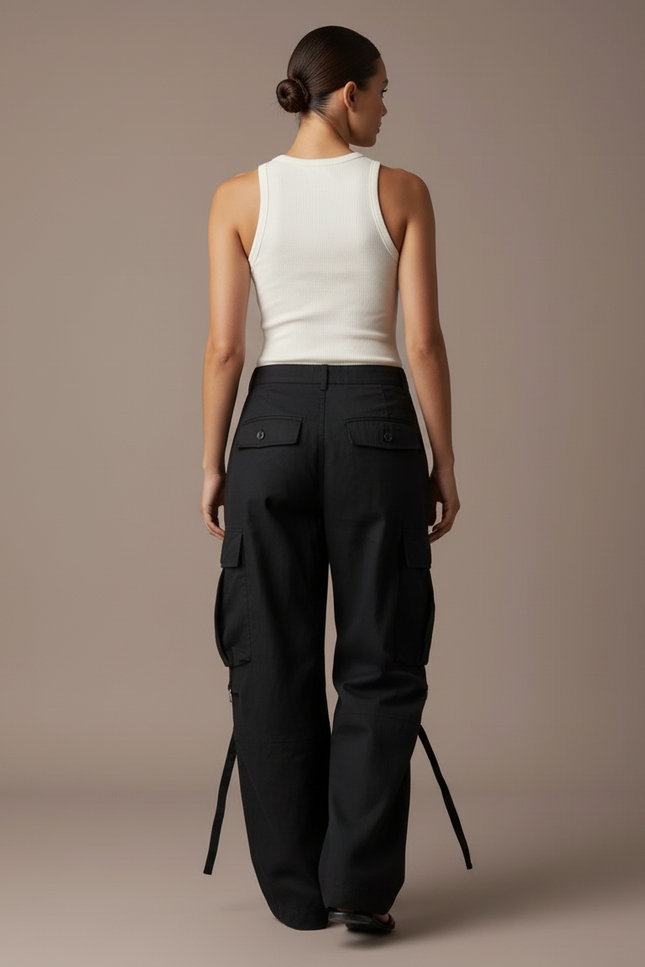 Pantalon Baggy Noir Cargo Ample Streetwear Poches - Toile - vue 2