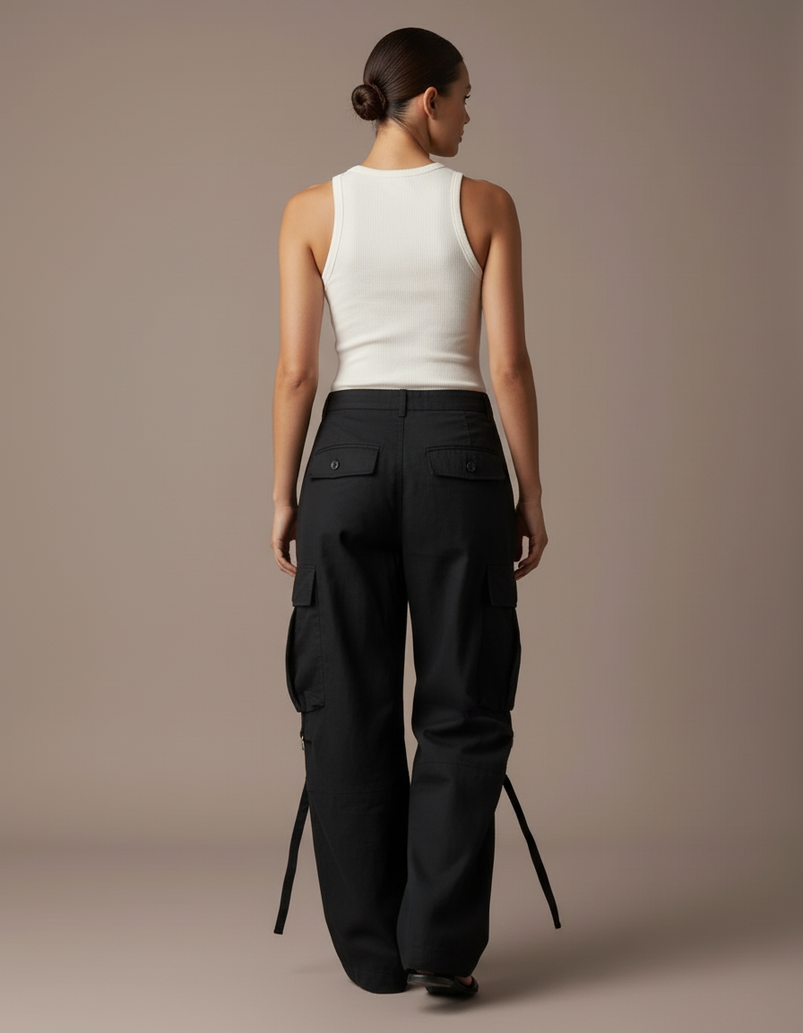 Pantalon Baggy Noir Cargo Ample Streetwear Poches - Toile - vue 2