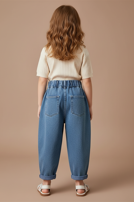 Pantalon Baggy Jean Denim Ample Brodé Cerises Fille - Bleu - vue 2