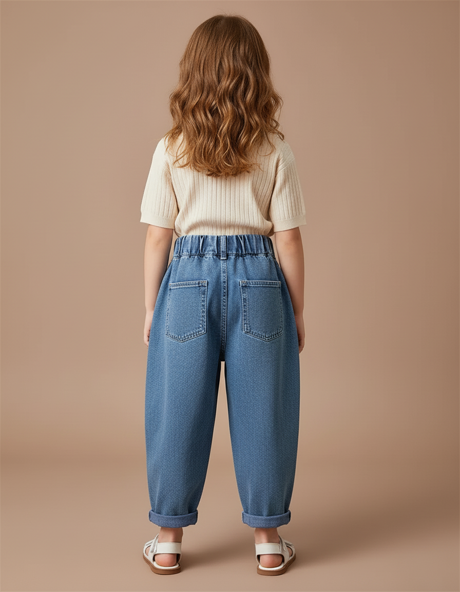 Pantalon Baggy Jean Denim Ample Brodé Cerises Fille - Bleu - vue 2