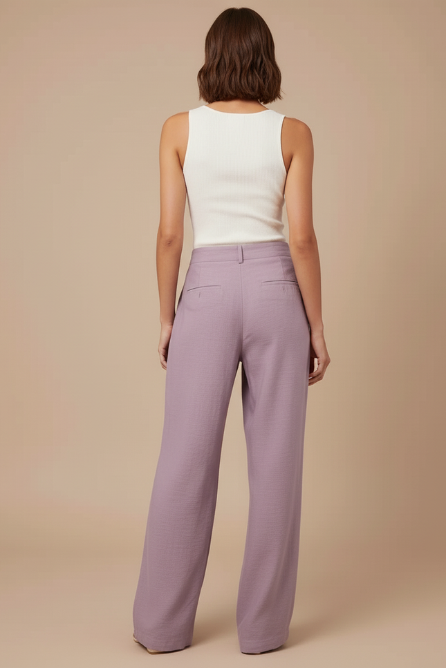 Pantalon Baggy Violet Ample Plissé Taille Haute Fluide - Lin - vue 2