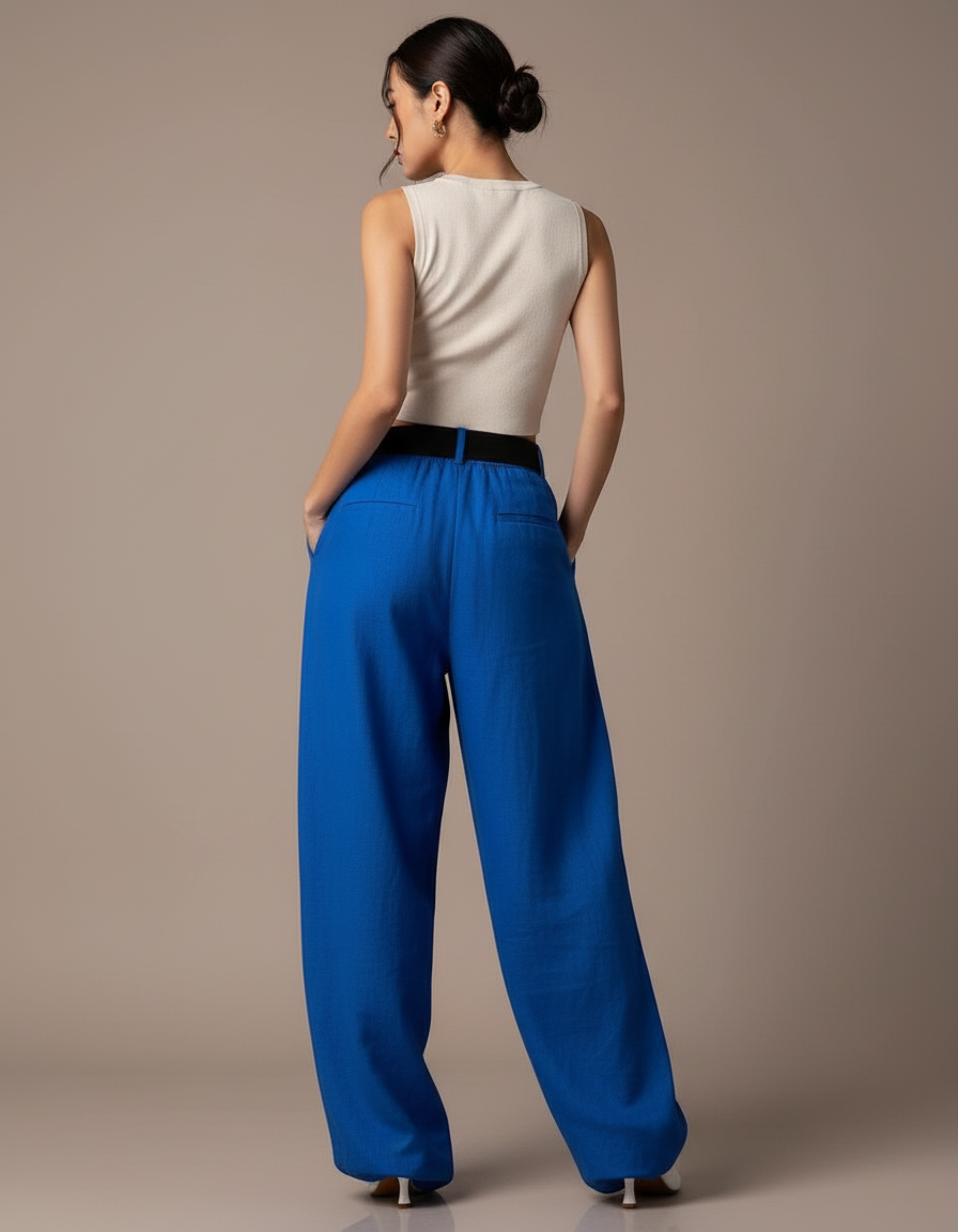 Pantalon Baggy Bleu Imprimé Ample Streetwear Cordon Femme - Lin - vue 2