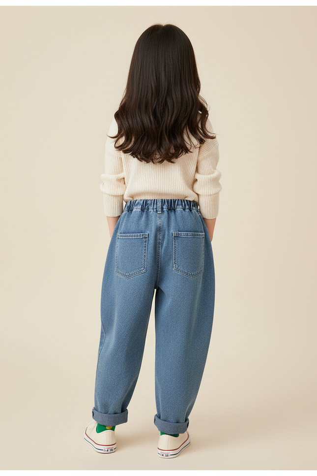 Pantalon Baggy Jean Denim Ample Fleurs Brodées Enfant - Bleu - vue 2