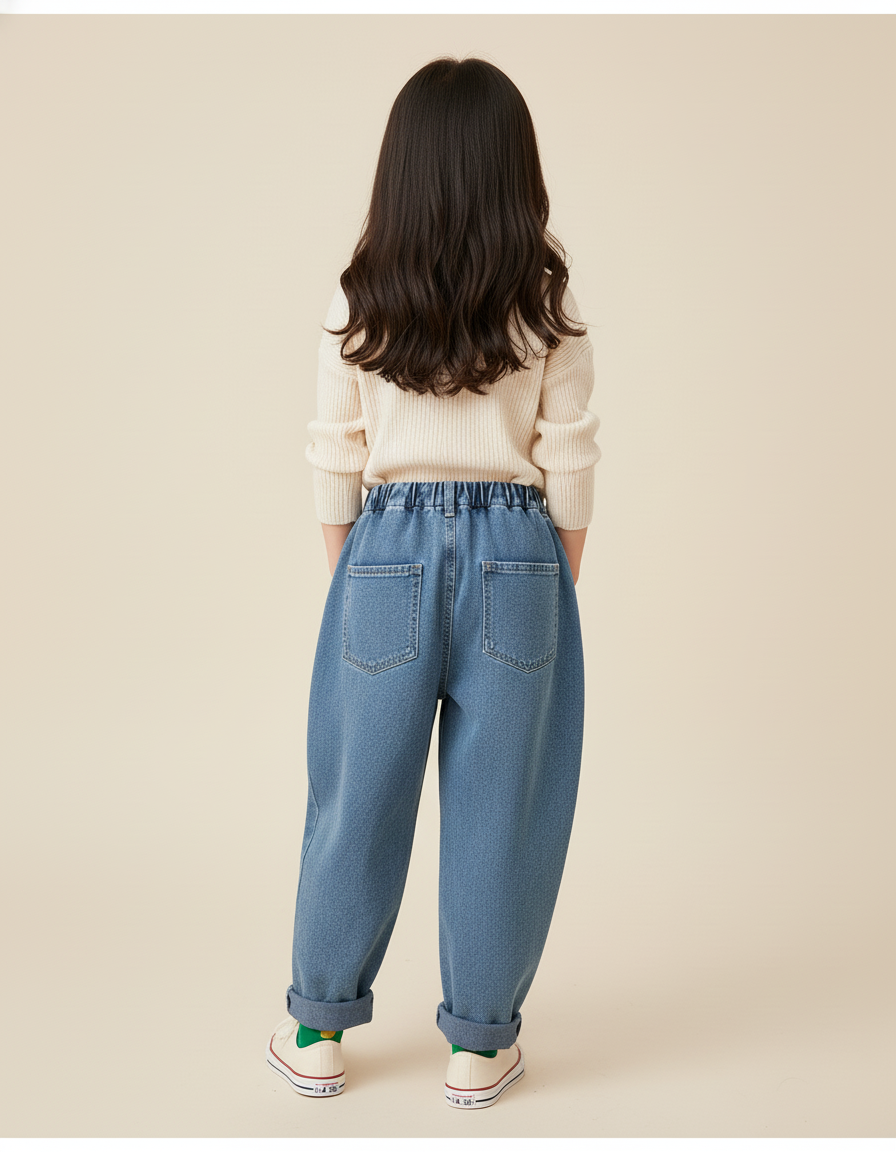 Pantalon Baggy Jean Denim Ample Fleurs Brodées Enfant - Bleu - vue 2