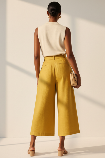 Pantalon Baggy Jaune Moutarde Lin Ample Plissé Décontracté - vue 2