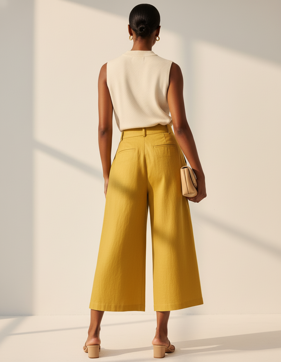 Pantalon Baggy Jaune Moutarde Lin Ample Plissé Décontracté - vue 2