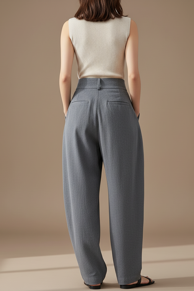 Pantalon Baggy Gris Plissé Ample Taille Haute Fluide - Lin - vue 2