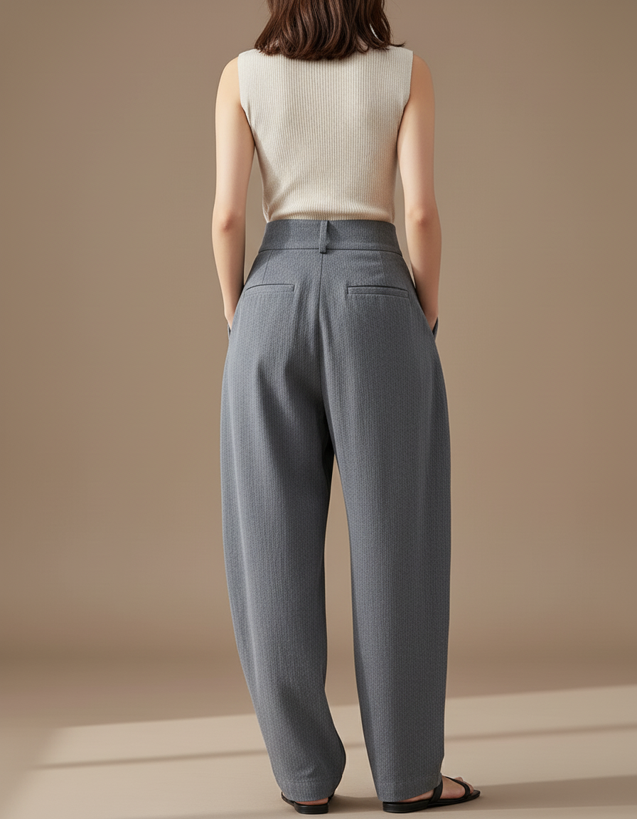 Pantalon Baggy Gris Plissé Ample Taille Haute Fluide - Lin - vue 2