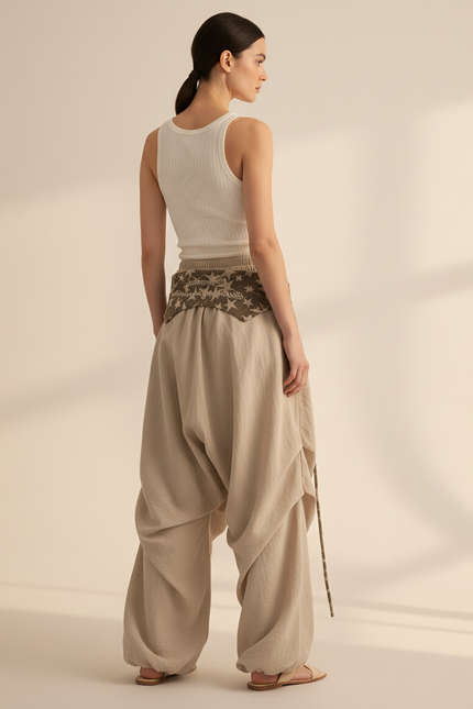 Pantalon Baggy Beige Lin Étoiles Fluide Femme - vue 2