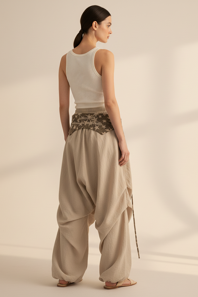 Pantalon Baggy Beige Lin Étoiles Fluide Femme - vue 2