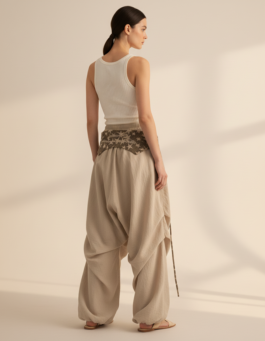 Pantalon Baggy Beige Lin Étoiles Fluide Femme - vue 2